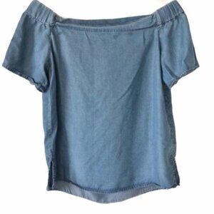 Thread & Supply Blue Chambray Button Back Off Shoulder Short Sleeve Top S